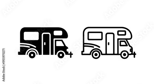 Motorhome and rv camper icons in solid and outline style for travel and camping graphic design