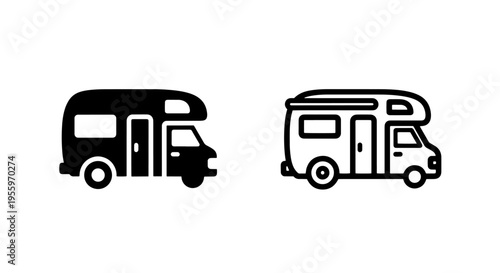 Rv motorhome icons in solid and outline style for travel camping and road trip illustration