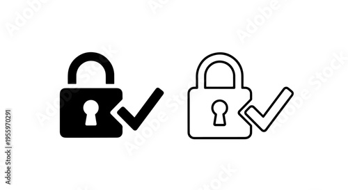 Secure lock icons with check mark: data protection and authenticated access symbol set