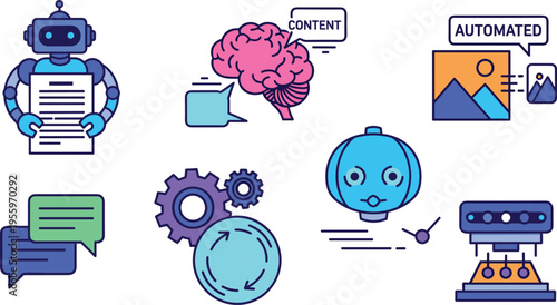 AI Content Creation and Automation Icon Set with Chatbot, Brain Idea, Automated Design, Machine Learning and Digital Communication Vector Illustration