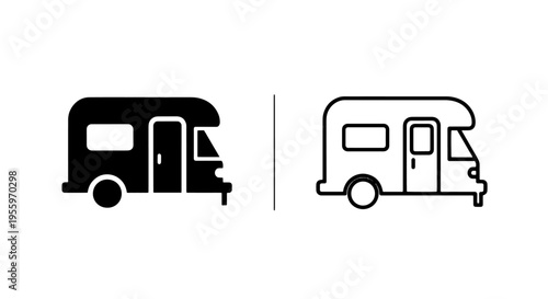 Rv camper van icons: motorhome vehicle for road trip and outdoor adventure travel