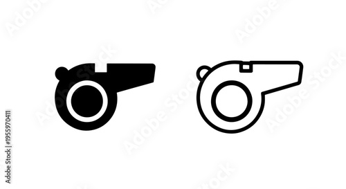 Black and white whistle icon set for sports coaching refereeing and safety signal concept graphics