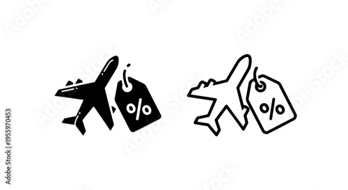 Airplane with discount tag icon representing flight deals travel promotions and airline ticket sales