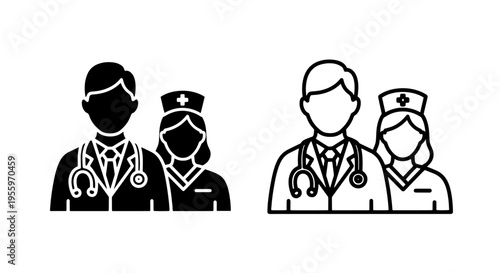 Medical staff icons featuring a doctor and nurse wearing stethoscope and professional health uniform