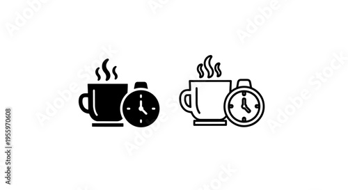 Hot drink mug and alarm clock icons, time for coffee break vector illustration set
