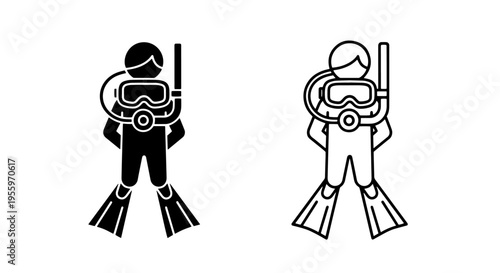 Front view scuba diver icons, person with snorkeling equipment vector illustration
