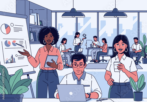 office coworkers analyzing data on laptop and whiteboard