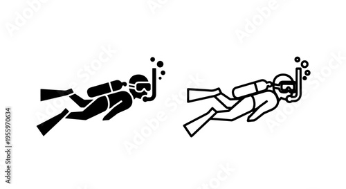 Scuba diving icons showing person swimming underwater, ocean activity vector illustration