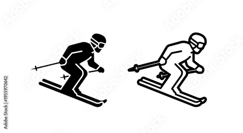 Skier downhill racing icons in solid and line art styles for winter sports and alpine competition