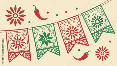 Festive Mexican Papel Picado Banners in Red and Green with Chili Peppers and Flowers, Folk Art Illustration for Fiesta Celebrations