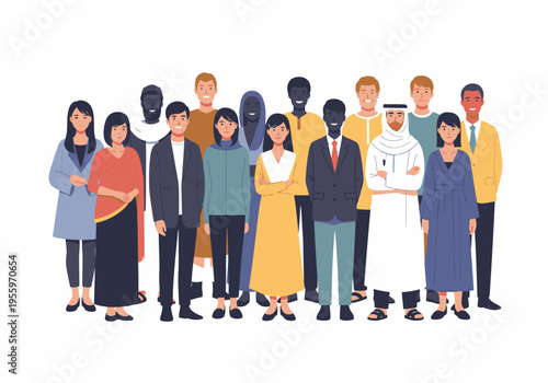 Diverse group of people from different cultures standing together