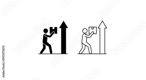 Warehouse worker lifting cargo box with upward arrow icon for logistics and distribution growth