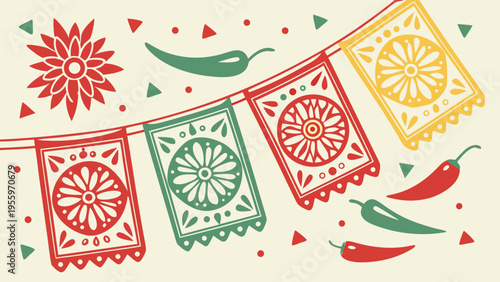 Mexican Fiesta Celebration Background with Papel Picado Banners, Chili Peppers, and Folk Art Sun Motifs for Cinco de Mayo Decoration