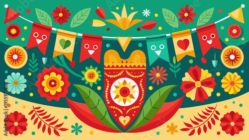 Vibrant Mexican Folk Art Vector Illustration for Dia de los Muertos and Fiesta, Featuring Colorful Flowers, Festive Bunting, and Traditional Cultural Motifs