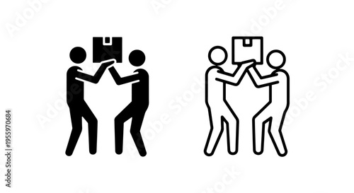 Teamwork logistics icons showing two workers lifting a heavy cargo box together in outline style