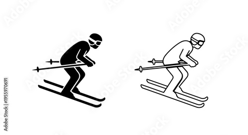 Downhill skier racing icons in black silhouette and vector line art for winter sports branding