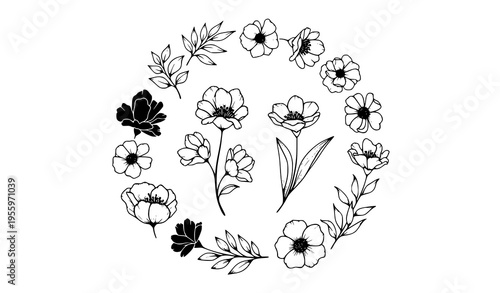 Elegant hand drawn floral silhouette set with decorative flowers and leaves stencil collection isolated on white background