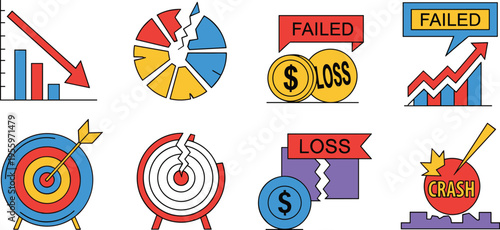 Business Loss and Financial Failure Icon Set with Crash Graph, Decline Chart, Broken Pie Chart, Loss Coins and Risk Target Concepts Vector Illustration