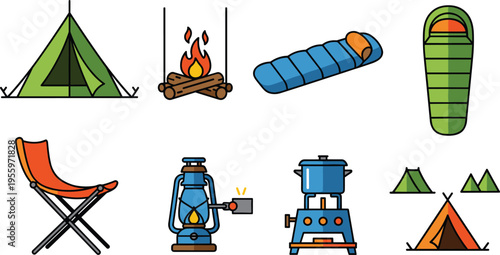 Camping Equipment Icon Set with Tent, Campfire, Sleeping Bag, Lantern, Folding Chair and Portable Stove Outdoor Adventure Vector Illustration Collection