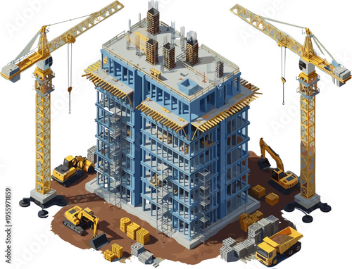 Isometric construction site illustration featuring high rise building structure, tower cranes, excavators and trucks working on modern urban development project scene
