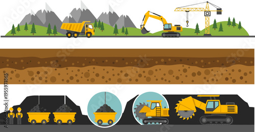 Modern mining and construction operations illustration showing heavy machinery, excavation process, underground layers, industrial equipment, and workers in quarry environment landscape scene