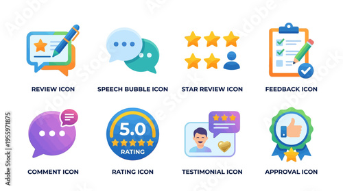 Vector icons of review and rating symbols with speech bubbles and testimonials on a digital platform