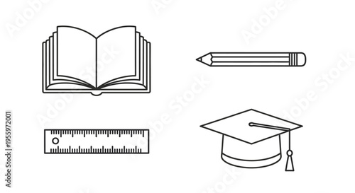 Education icons with book and graduation.