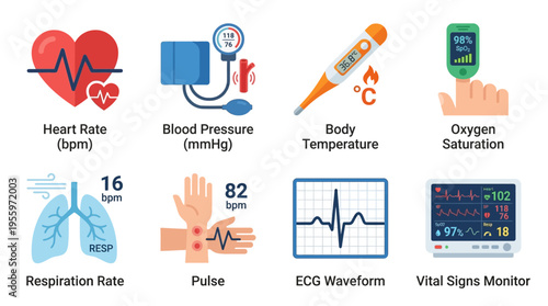 Medical vector graphics display vital signs and health metrics on a modern monitor in a hospital setting with doctors.