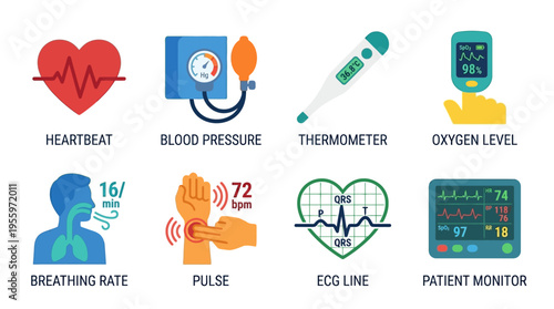 Medical vector graphics display vital signs and health metrics on various devices in a hospital setting with doctors nearby.