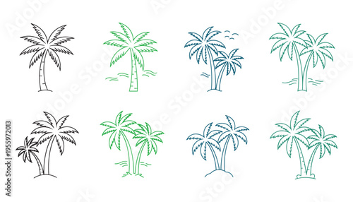 Palm tree vector illustration collection featuring various coconut trees and ocean wave beach scenes