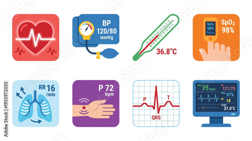 Medical vector icons display vital signs and health metrics on various devices in a clinical setting with a doctor.