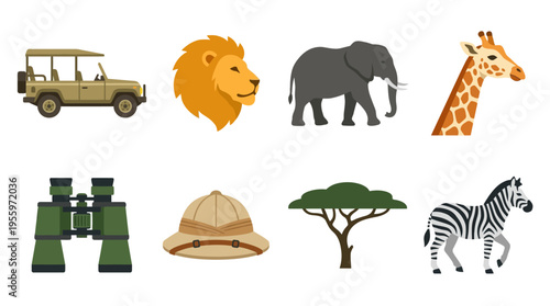 Vector illustration of a safari adventure with a jeep, lion, elephant, giraffe, binoculars, hat, tree, and zebra in the savannah.