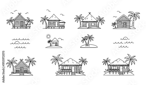 Tropical beach hut vector set with palm trees and ocean waves island cabins illustration