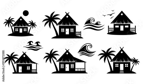 Tropical beach hut silhouettes with palm trees and waves island vacation vector set