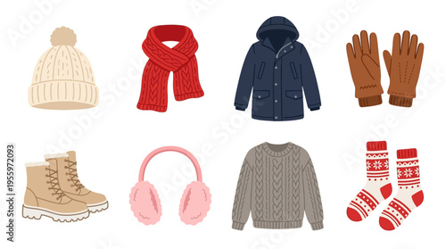 Winter clothing items vector illustration including hat, scarf, coat, gloves, boots, headphones, sweater, and socks.