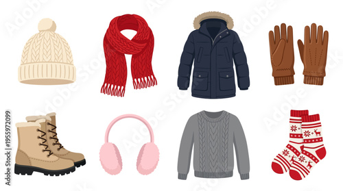 Winter clothing vector illustration of hat, scarf, jacket, gloves, boots, headphones, sweater, and socks.