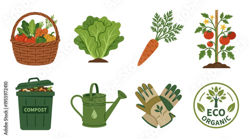 Eco friendly gardening tools and fresh produce vector illustration with basket, lettuce, carrot, tomatoes, and compost.