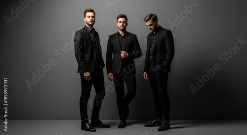 Three men in black suits standing together indoors facing front