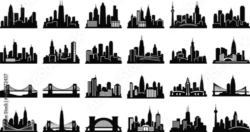 City skyline bridge silhouette illustration set, urban landmark architecture artwork, worldwide vector design concept