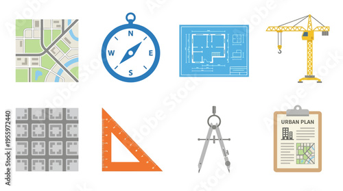 A vector illustration of various urban planning tools and symbols, including a map, clock, blueprint, crane, grid, triangle, compass, and clipboard, used for designing city infrastructure.