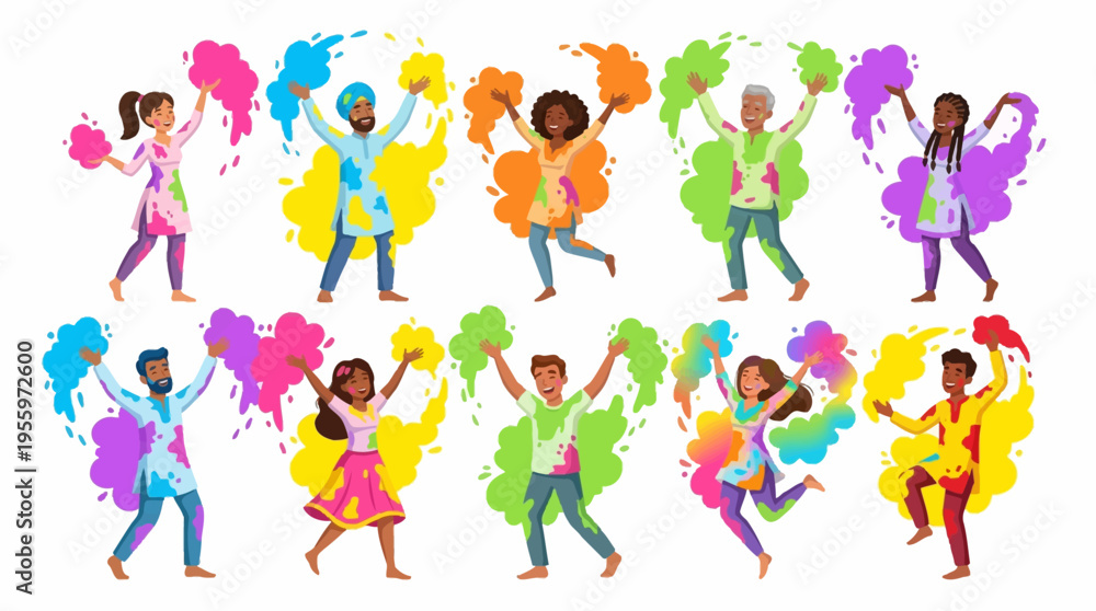 Fototapeta premium Vibrant vector illustration of people dancing with colorful paint splatters in a lively celebration scene outdoors.
