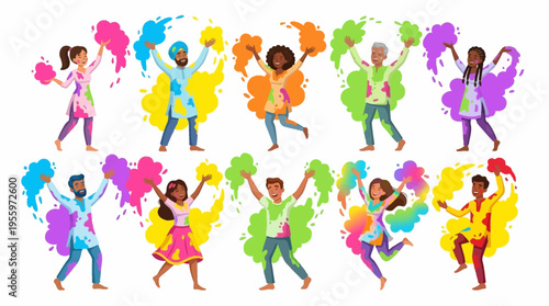 Vibrant vector illustration of people dancing with colorful paint splatters in a lively celebration scene outdoors.