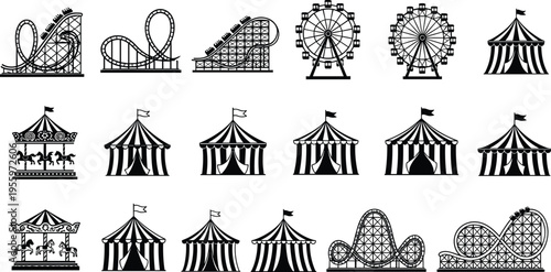Amusement park carnival silhouette illustration set, roller coaster Ferris wheel carousel circus tent artwork, entertainment vector design concept