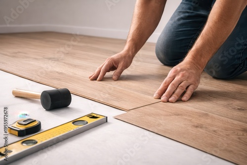 Professional measuring floor tiles with level and pencil during home renovation
