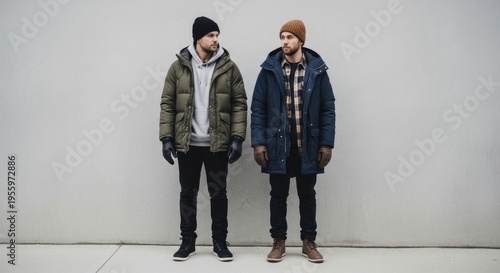 Two men in winter clothing standing against a plain wall indoors