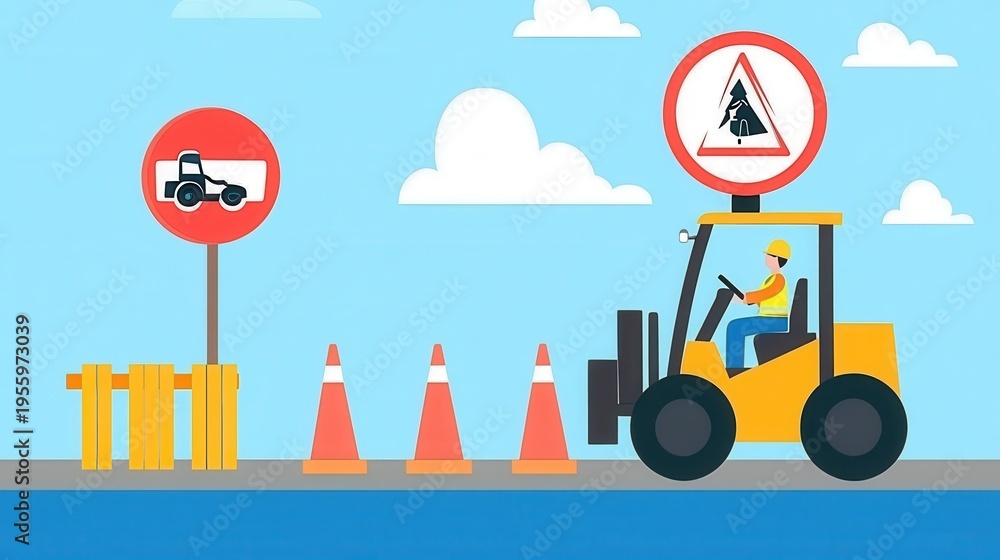 Naklejka premium Forklift near road work signs