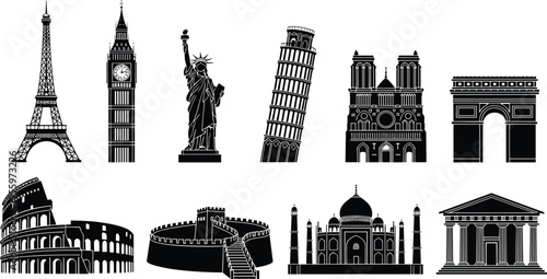 World landmark silhouette illustration set, Eiffel Tower Big Ben Statue of Liberty Taj Mahal Colosseum artwork, cultural vector design concept