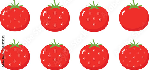 Cartoon Tomato Icon Set with Different Styles and Details, Fresh Red Vegetable Illustration Collection for Food Design, Healthy Nutrition Graphics, Packaging, and Cooking Projects
