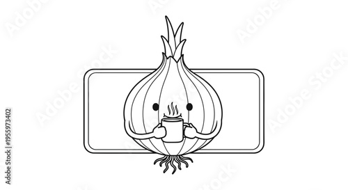 Cute Onion Character Holding a Hot Coffee Cup with Steam, Kawaii Food Art