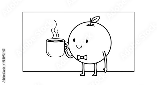 Cute Orange Character Holding a Hot Coffee Cup with Steam, Wearing a Bow Tie